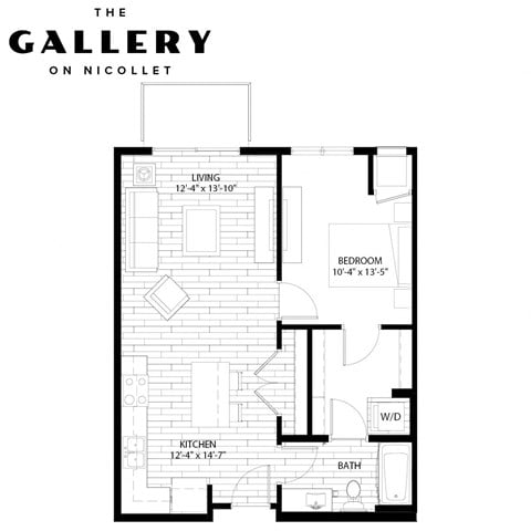 Floor plan for 1 bed, 1 bath, 711 sqft